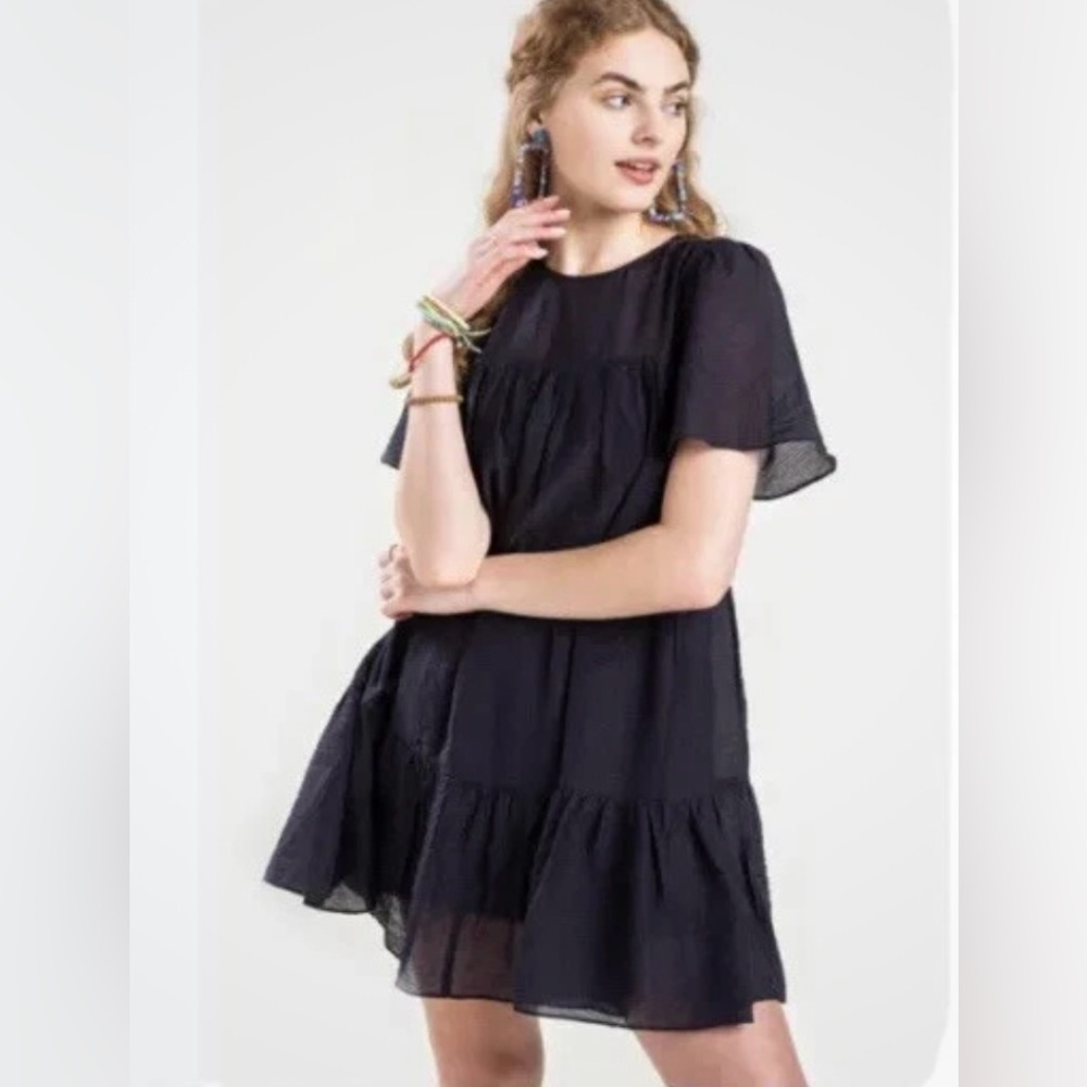 Navy Ruffle Tier Dress with Flutter Sleeves